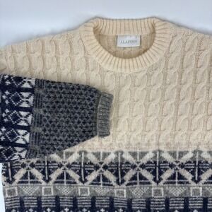 Alafoss Icelandic Wool Sweater Mens Medium Blue Cream Fair Isle Cable Knit Lopi